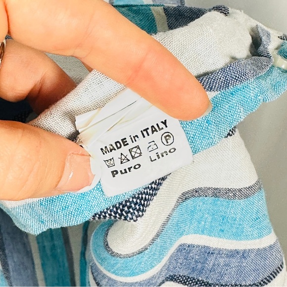 P. Langella Linen Button Down Italian Stripe Shirt Mediterranean Men’s M Blue - Picture 10 of 16